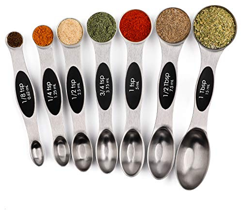 Magnetic Measuring Spoons Set of 7 Stainless Steel Metal Double Sided Teaspoon Tablespoon for Dry and Liquid Ingredients