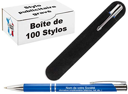 Lot de 100 Stylos Personnalisés Publicitaires Gravés au Nom de l'Entreprise (bleus) - Objet de Communication pour Événement Professionnel - Cadeau Clients Noël & Fin d'Année, Goodies Logo