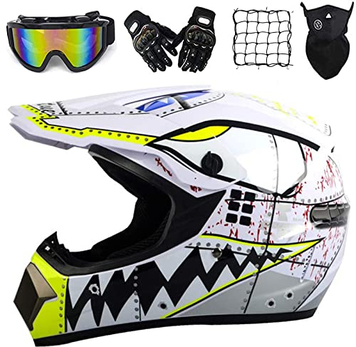 MRDEAR Motocross Helm Damen mit Brille/ Handschuhe/ Maske/ Motorrad Netz, weißer Hai Motorrad Crosshelm Erwachsener Kinder Fullface MTB Helm Motorradhelm Mopedhelm,M
