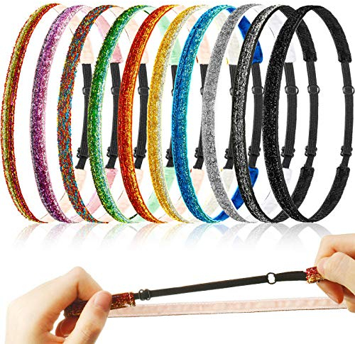 10 Pcs Glitter Non Slip Running Headbands Elastic Girls Sports Velvet Sparkly Fabric Stretchy Shiny Headbands Pack Workout Fashion Hair Accessories for Teen Girl Women Party Favors(0.4 Inches/ 1 cm)