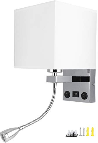 Fdit Applique a LED, moderno paralume in tessuto USB Applique da lettura comodino camera da letto Applique da letto a basso consumo E27 100‑240 V (4,3 x 4,3 pollici)
