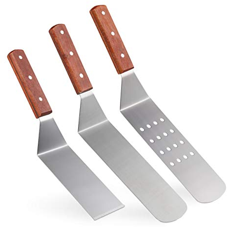Relaxdays Grillspade i rostfritt stål, set om 3, 2 plancha-vändare, 1 grillspatel, professionell teppanyaki-tillbehör, rödbrun, 3