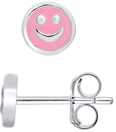 Amours, Bisous & Câlins – Ohrringe Smile – Silber 925 und rosa Emaille – 100 % hypoallergen – Kinderwagensystem – Kinderschmuck, Silber