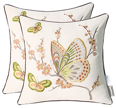 Pilmandu Set of 2 Embroidered Decorative Throw Pillow Covers Couch Square Pillowcases Cushion for Bedroom Sofa Farmhouse Decor 18x18 Inch (Brown Butterfly)