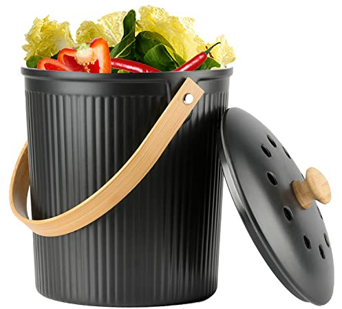 Countertop Compost Bin, LALASTAR Compost Bin Kitchen with Lid, Made of Sustainable Bamboo Fiber, Indoor Food Composter for Kitchen, Odorless, 1 Gallon, Black