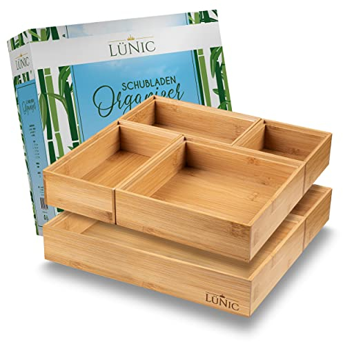 LÜNIC Schubladenbox Bambus - Sortierbox Aufbewahrung Schubladen [6 Teile] - Nachhaltige Bambus Box für Schubladen - Schubladen Organizer Büro, Bad & Küche - Inkl. 36 Anti-Rutsch-Pads & 6 Metallclips