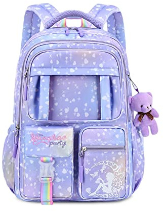 FANDARE Kinderrucksack Schulranzen Schultaschen Mädchen Schulrucksack Kinder Schultasche für 4-9 Klasse Schüler Outdoor Reise Daypacks Kindergartentasche Rucksack mit Plüschanhänger Violett