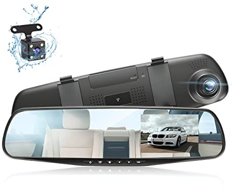 Car Dash Cam Backup Rearview Mirror Camera, 4.3 Full HD 1080P Smart Rearview Mirror Camera for Cars, Trucks, SUV, Dual Cameras, Built-in G-Sensor, Parking Assistance & Loop Record Support