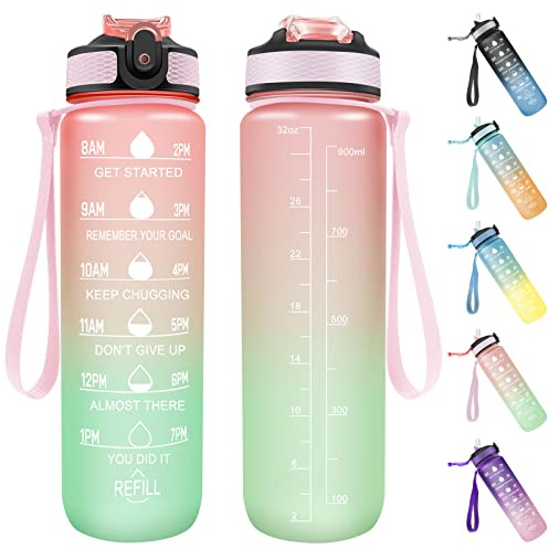 Invool Sports Water Bottle, 1 Litre Water Bottle with Straw & Time Markings, BPA Free, Leakproof & Secure Locking Lid, Tritan Plastic Drink Bottle for School/Cycling/Camping/Running