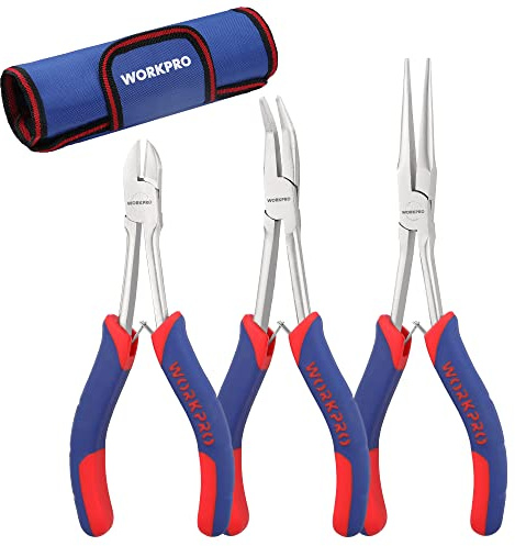 WORKPRO 3PCs Mini Pliers Set, Small Long Reach Needle Nose Pliers Includes 7 Needle Nose Plier, 6 Bent Nose Plier, 5-1/2 Diagonal Plier for Hard to Reach Narrow Spaces
