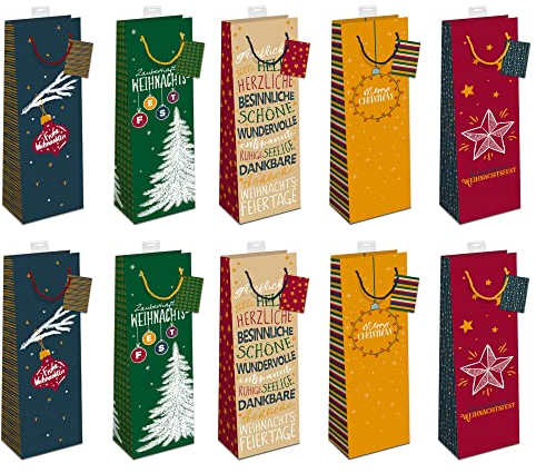 Geschenktüten Flaschen Weihnachten | Stabiler Boden, Randverstärkung | FSC®-zertifizierter Karton (150 g/m²) | Griff & Beschriftungskarte | Flaschentüten Weihnachten (12×39×10 cm), 10 Stück