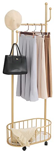 Cre Cra Kleiderständer auf Rollen - Kleiderstange mit 4 Haken, Garderobenständer mit Rollen, Metall, Gold, Klein, Eckgarderobe