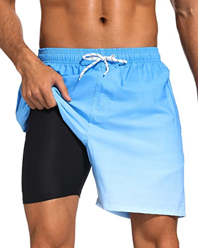 SILKWORLD Mens Swimming Trunks with Boxer Brief Liner Quick Dry Stretch Bathing Suit Swim Shorts with Zipper Pockets,Blue Gradient,Medium