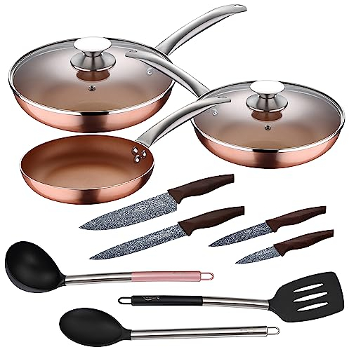 Set 5pc sartenes 20,24,28 cm (con tapa) aluminio prensado inducción con Set 3pc utensilios de cocina nylon con Set 4pc cuchillos acero inoxidable