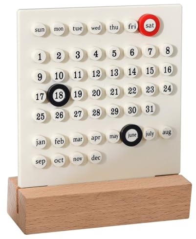 Holz-Ewiger Kalender Manuelle Einstellung Desktop Ewiger Kalender, Holzbasis Desktop Kalender Ornamente DIY Ring Manuelle Zwinge Tagesplan Datumsplaner(Weiss)