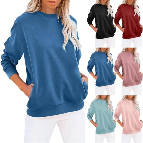 Sweatshirt Damen Pullover ohne Kapuze Rundhals Langarmshirt Frühling Sommer Farbblock Pulli Casual Langarm Oberteile Tops mit Taschen Lose Fit Lässige Sportlich Tunika