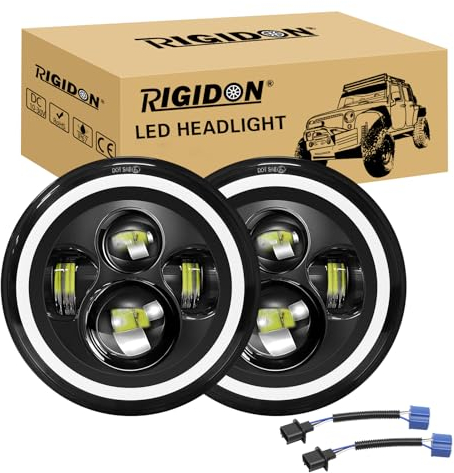 RIGIDON 2Pcs 7inch Round Led Headlight, Amber Halo Turn Signal White DRL High/Low Beam, 4 Leds 50W Angle Eyes Compatible With Jeep Wrangler JK LJ CJ TJ Dirtbike Motorbike Motorcycle Harley Davidson