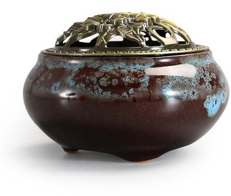 Wenrescry Keramik Weihrauchbrenner mit Lotusblütenmuster, inkl. 10 STK. natürlicher Räucherstäbchen und feuerfester Matte - Perfekt für Home, Yoga, Meditation und Geschenk