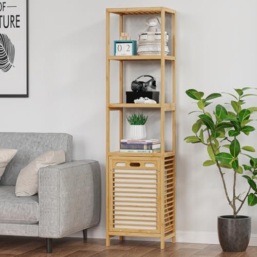 BAMBOOHOMIE Bambus-Wäschekorb, 4-stöckig, neigbarer Wäschekorb für Wäsche, mit Ablage und abnehmbarem Wäschekorb, kann in 2-stöckige ausziehbare Wäschekorb und freistehendes Regal mit 2, Beige