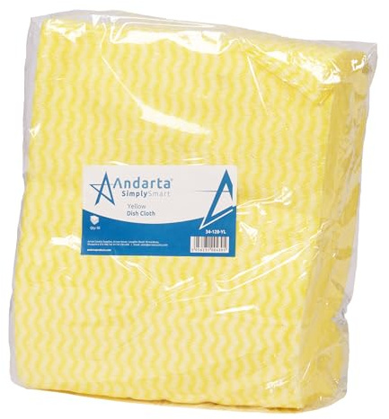 andarta - Yellow J-Dish Cloths - Pack of 50 (35 x 42cm) - Versatile Cleaning Cloths for Kitchens, Bathrooms and General Areas - Absorbent, Quick-Drying, Washable and Lightweight