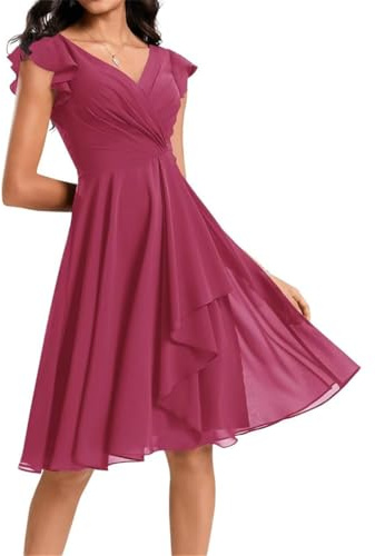 Vestidos cortos de dama de honor para mujer, de gasa, con cuello en V, vestidos de cóctel con bolsillos, fucsia, 44