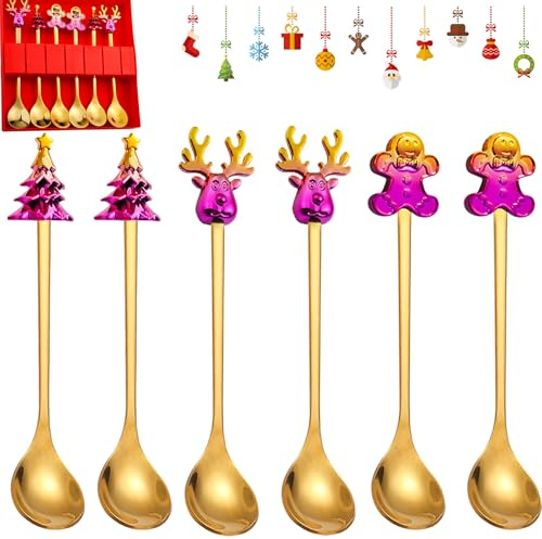 Weihnachtslöffel, Weihnachts kaffee Löffel, Weihnachtslöffel Set, Elch Löffel Rührlöffel Edelstahl Elchlöffel Elch Kaffeelöffel Dessertlöffel für Weihnachten Tee Milch Kaffee Dessert Getränke（Gold）