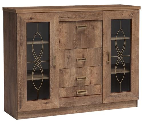 Lomadox Sideboard Anrichte Wohnzimmerschrank Schrank mit Vitrinentüren 3 Schubladen in Lefkas Eiche 140x109,5x44 cm