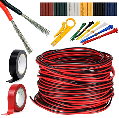 Eoulyee 24AWG câble d'extension fil rouge noir 2 broches parallèle | longueur de fil 66pi cordon toronné cuivre étamé 3528 5050 pour bande LED klaxon haut-parleur câblage électronique