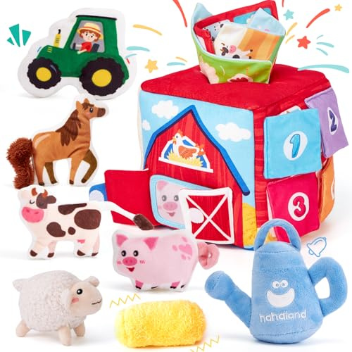 hahaland Juguetes Bebes 6-12 Meses - Caja Interactivo Blando con Animales Granja, Sonajeros, Espejo - Juguetes Montessori Niños 1 Año Regalo Bebe 6 Meses