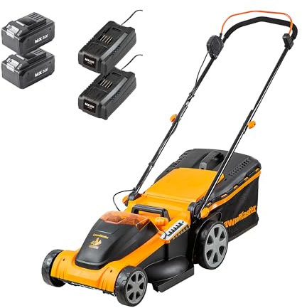 LawnMaster 48V 41cm Cordless Lawnmower with a Set of two MX 24V 4.0Ah Lithium Ion Batteries, 2x Fast Chargers, Edging Comb, Rear Roller and Mulching Function. Battery lawn mower for Large Lawns.