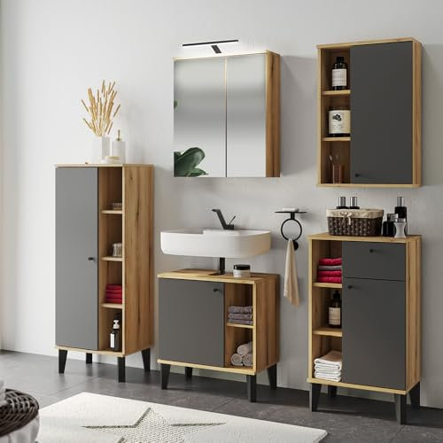 Lomadox Badmöbel-Set 5-teilig mit Waschbeckenunterschrank 60 cm, LED-Spiegelschrank, in Eiche mit grau, modern