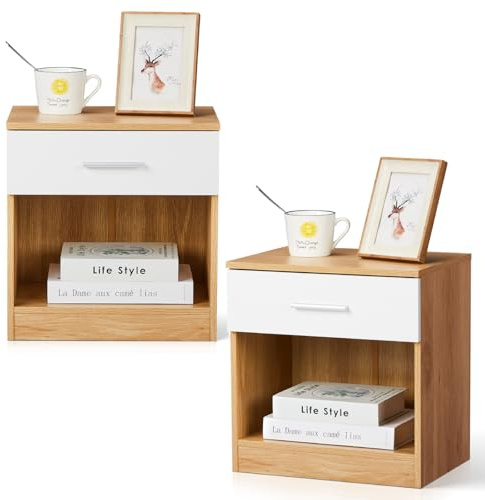 LEADZM Nachttisch 2er Set Nachtschrank Schlichter Beistelltisch 39x29x41cm | Kommode mit offenem Fach und 1 Schublade für Schlafzimmer, Wohnzimmer Eichen Farbe&Weiß