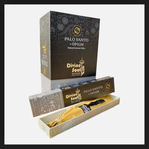 Divine Soul Palo Santo + Opium Masala Räucherstäbchen – 12 x 15g | Handgerollte Duftstäbchen mit Kajal Sticker | Aromatisch & entspannend für Meditation, Träume & Positivität