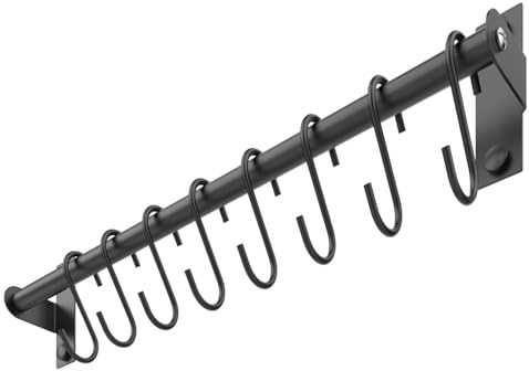MIIVII Stainless Steel Utensil Rack, Wall-Mounted Hanging Bar Rail Rack with 8 Removable S Hooks, for Kitchen & Bathroom, 40cm (Black)