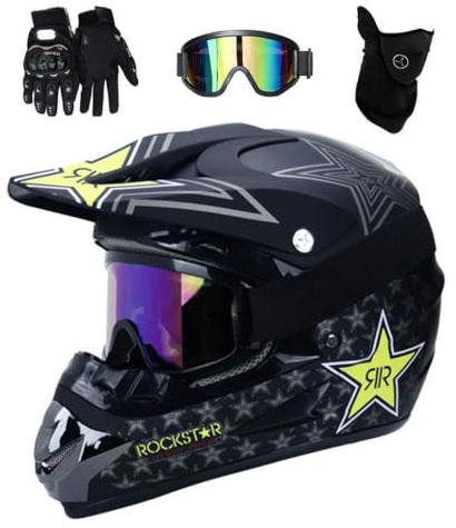 Unisexe Intégral Casque de Motocross, avec Lunettes Gants Masque, Jeunesse Enfant Hors Route Moto BMX MTB VTT Casques, Descente Quad Dirt Bike Enduro Casque, pour Garçon et Fille(Black,S/52-53CM)