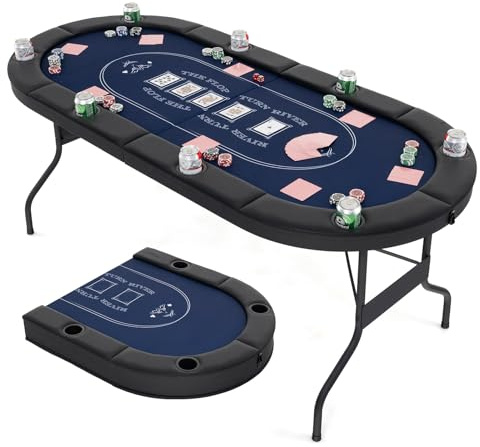 COSTWAY Pokertisch klappbar für 8 Spieler, Spieltisch mit Getränkehaltern und gepolsterter Armauflage, Casino Pokertisch für Blackjack, Texas Hold'em (Blau)