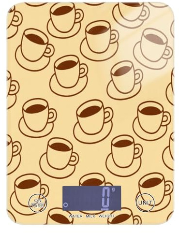Bilancia portatile impermeabile per alimenti, 5 kg/5 g, motivo cartone animato, caffè, beige, vintage, bilancia digitale da cucina con 4 unità per caffè espresso e sapone (batterie non incluse) peso