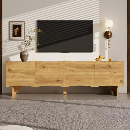 BTM Moderner TV-Schrank mit Wellenmuster – 155 cm Medienkonsole mit Stauraum, Vier Türen und Kabeldurchführungen in Holzoptik, stilvolles Design für Wohnzimmer