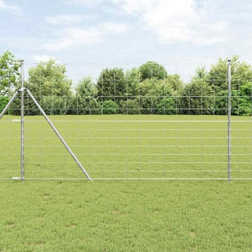QJBSAVVA Wildzaun Grau 1,4x10 m Stahl, Gartenzaun Maschendrahtoptik, wetterfest, Hunde/Hühner/Weidezaun, einfache Montage