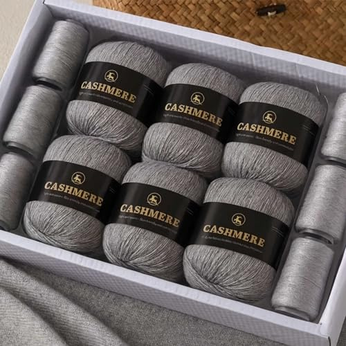 100% Kaschmirgarn - hellgrau - Ultraweich & Warmes Luxus-Wollgarn zum Stricken Häkeln - 1 Set = 6 Knäuel = 300g - 100% - handgemachte Pullover, Schals, Mützen, Handschuhe Winterkleidung