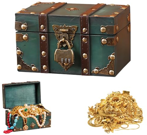 XPJBKC Vintage Holz Schatztruhe, Grün Schatzkiste mit Schloss, 18 x 11 x 10cm Schatztruhe mit Zahlenschloss, Schatzkiste Mit 3 Stelligem Zahlenschloss, für Aufbewahrung und Dekoration