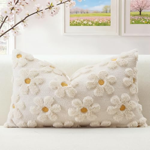 Artscope 1er Set Wolle Blumen Kissenbezug Weicher Plüsch Kurzer Wollsamt Dekokissenbezüge Frühjahr Sommer Kissenhülle Saisonale Sofakissen für Sofa Schlafzimmer Creme Beige, 40x60cm
