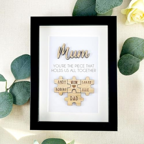 Personalised 3D Box Frame Framed Gift for Mum Mummy Mam for Mothers Day Birthday Jigsaw Puzzle Wooden Engraved Thoughtful Shared Family Name Pieces