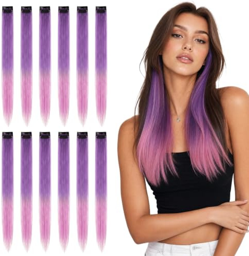 12 Pezzi Extensioni a Clip Ombre, Lilla a Rosa, 55 cm, Capelli Sintetici per Matrimoni e Spose