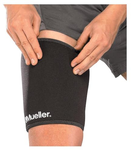 MUELLER Sports Medicine Compression Thigh Sleeve for Men and Women, Leg Pain Relief Support, Ideal for Strains, Stiffness of Quads & Hamstrings, Fits Right or Left, Black, Large