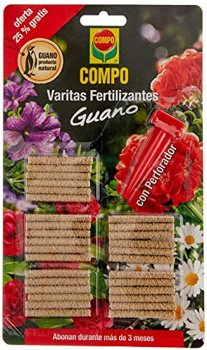COMPO Varitas fertilizantes con guano para plantas de interior y exterior, Larga duración de hasta 3 meses, 30 unidades