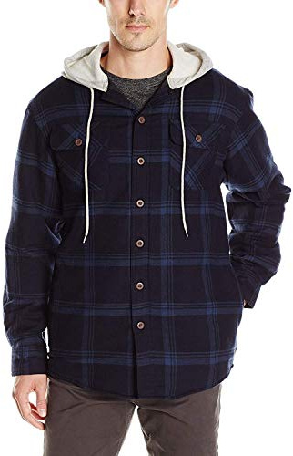 Wrangler Authentics Men s Long Sleeve Quilted Lined Flannel Shirt Jacket with Hood, Total Eclipse With Heather Gray Hood, M