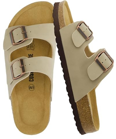 CUSHIONAIRE Lane Cork Footbed Womens Sandals Comfortable Double Buckle Slip On Sandals for Women with Arch Support and Classic Two Strap Design, STONE 8