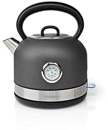 NEDIS KAWK310EGY - Hervidor de agua (1,7 L, acero inoxidable, indicador de temperatura, giratorio 360 grados, elemento calefactor oculto, controlador Strix, protección contra hervidor, color gris,