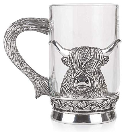 AE Williams Stunning Pewter and Glass Pint Tankard featuring a Scottish Highland Cow Coo